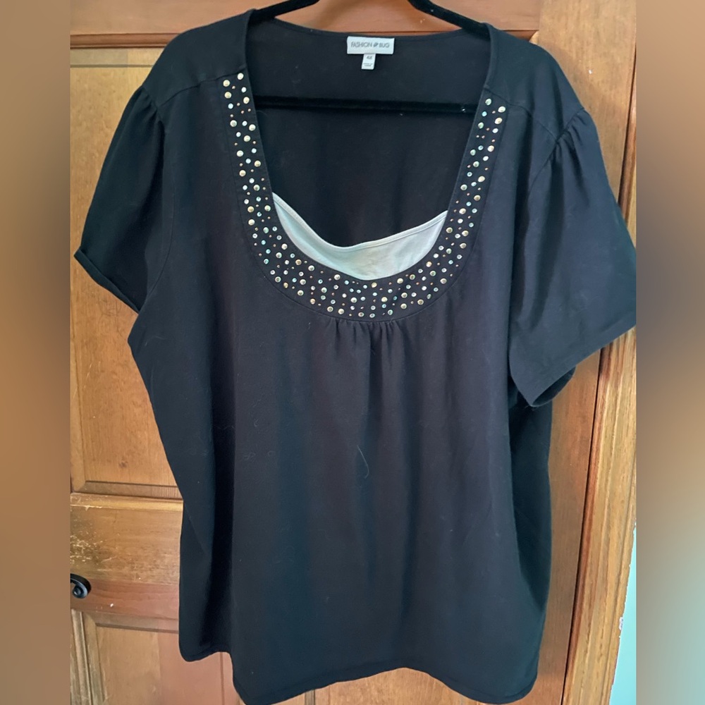 Black Cotton Blend Embellished Scoop Neck Women's Top